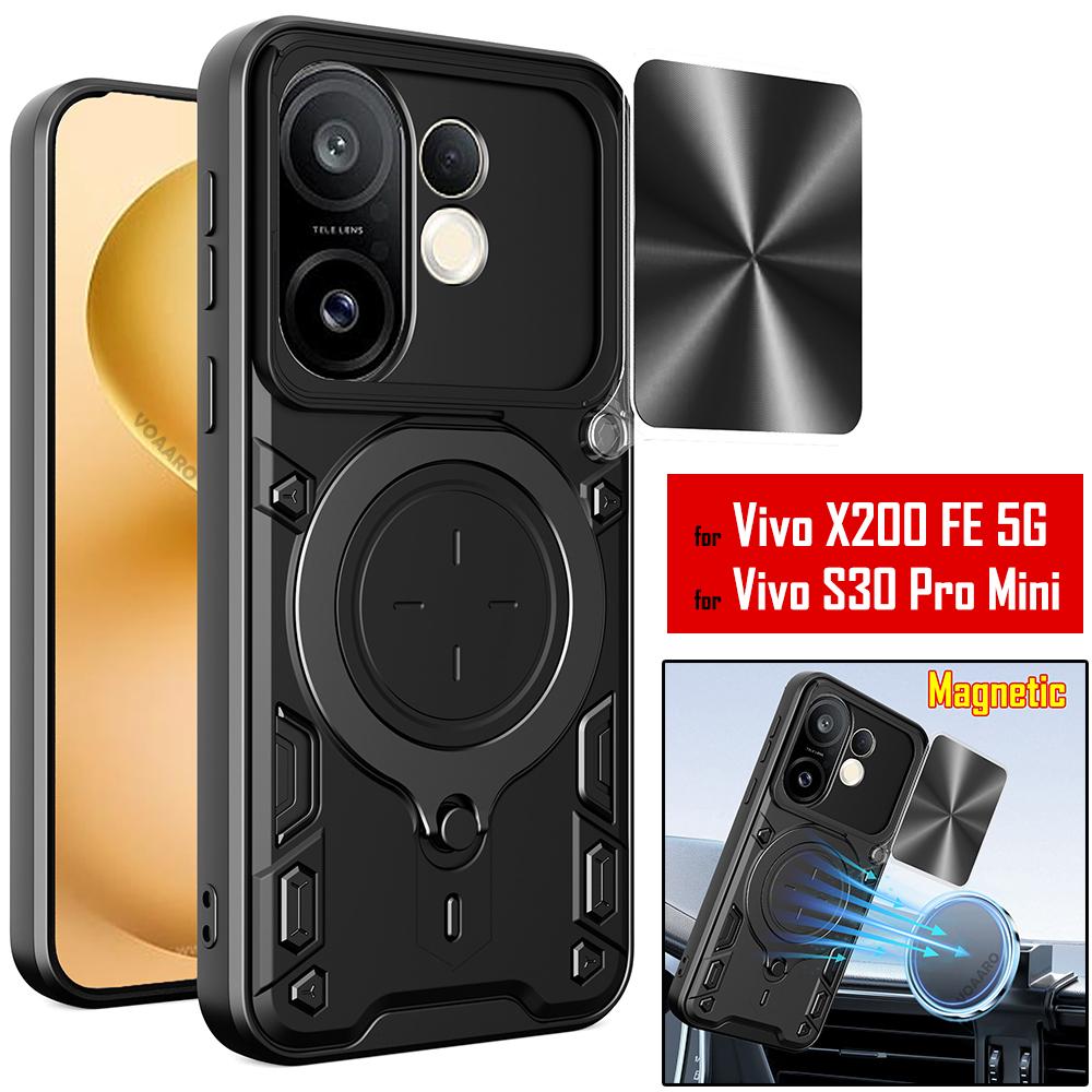 Slide Lens Armor Funda for Vivo X200 FE 5G Case for Vivo S30 Pro Mini 5G Case Magnetic Ring Stand Holder Cover Shockproof Capa