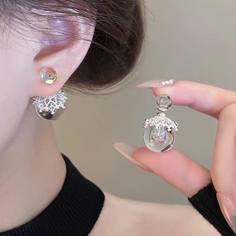 Front And Rear Two Wearing Crown Ball Earrings Women'S Earrings Light Luxury High-End Earrings Stud Earrings Niche Unique