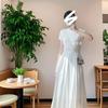 Elegant Slim-fit Round Neck Patchwork Dress for Women - Waist-cinching Solid White, Gentle Style, Summer Long Dress