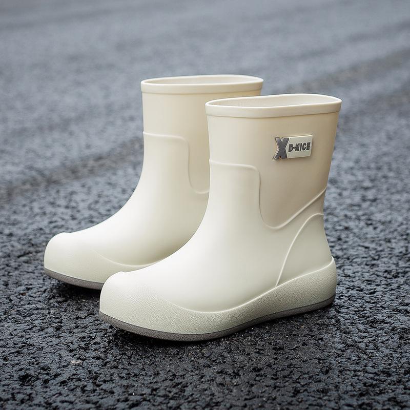 Four Seasons Rain Shoes Women's Waterproof and Non-slip Water Shoes Medium Tube Rain Boots Fashion Rubber Shoes Outside Kitchen Shopping Work Shoes