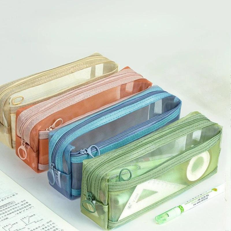 Simplicity Nylon Mesh Pencil Case for Kids Fashion Solid Color Stationery Organizer Portable Zipper Pen Bag Student Supplies