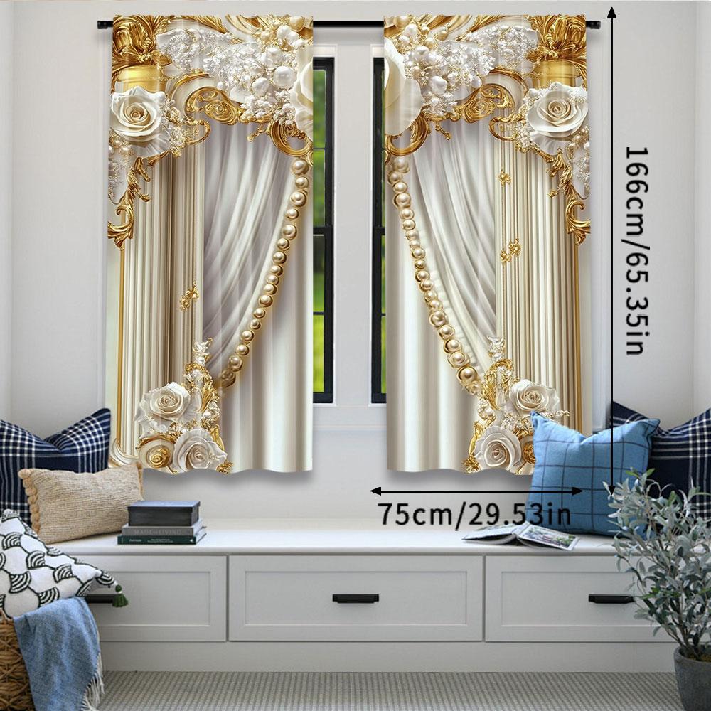 2Pcs Gold And White Curtains With Elegant And Chic White Flowers Suitable For Living Room Dining Room Kitchen Bedroom Bathroom
