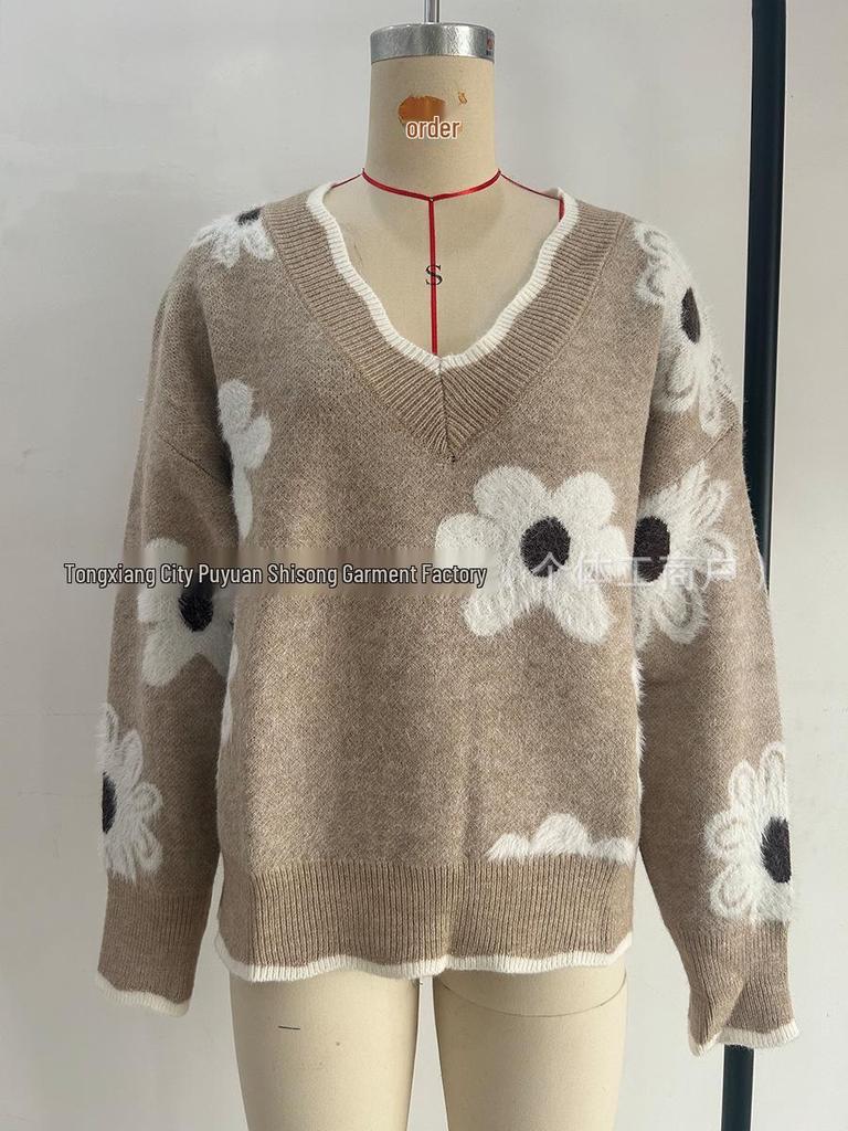Women's Faux Mink Jacquard Lace Collar Knit Pullover Sweater for Autumn/Winter