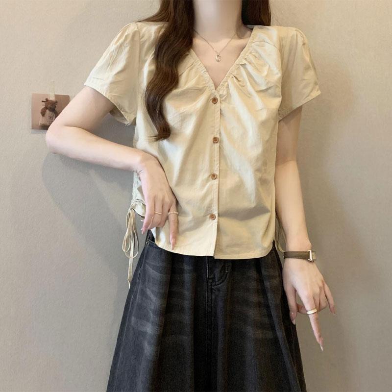 Korean Folds V-Neck Summer Blouse Fashion Shirring Drawstring Women's Clothing Vintage Single-breasted Basic Solid Color Shirts