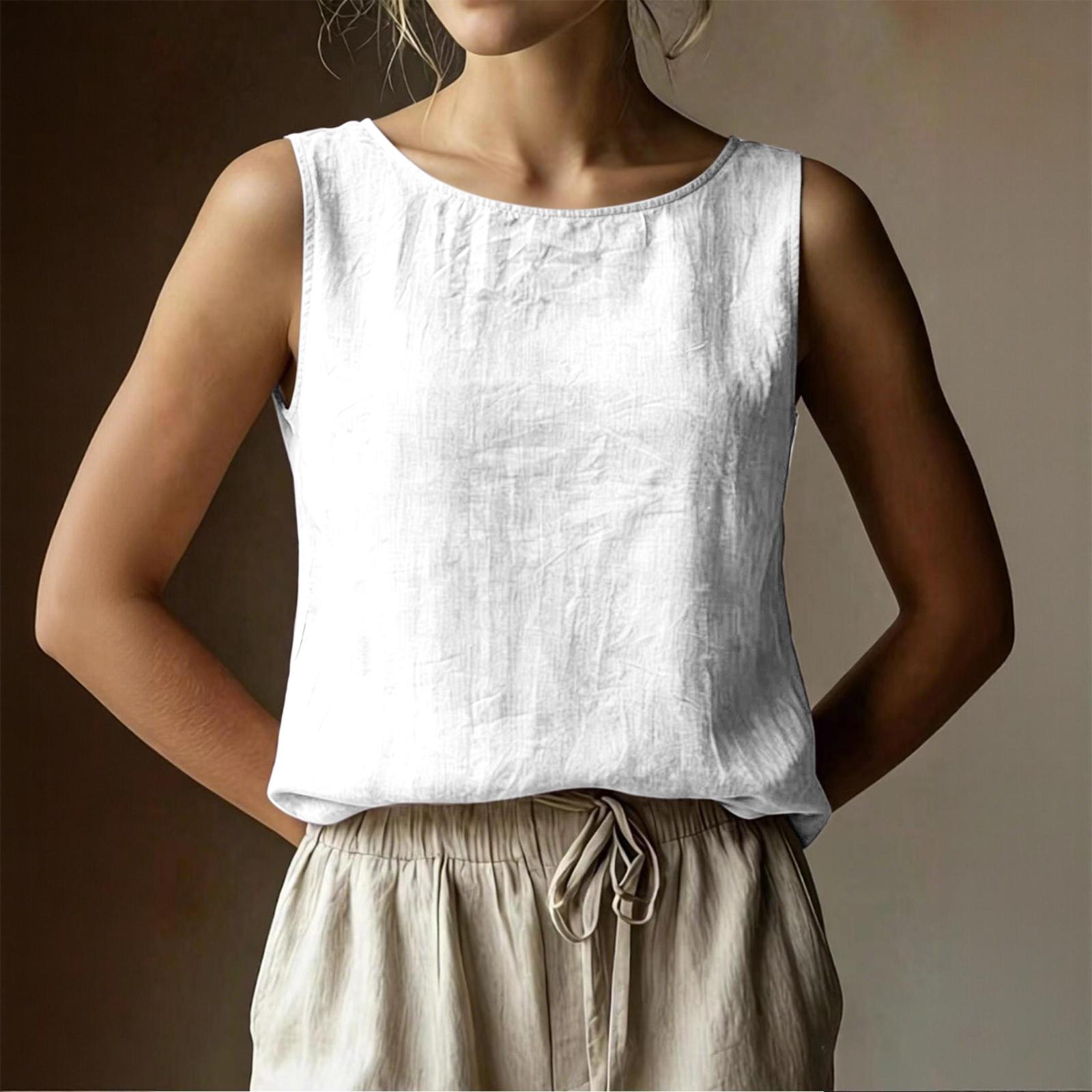 Women Sleeveless Tank Top Loose Fit Casual Round Neck Cotton Linen Blouse Summer Lightweight Breathable Sleeveless Shirt S белый
