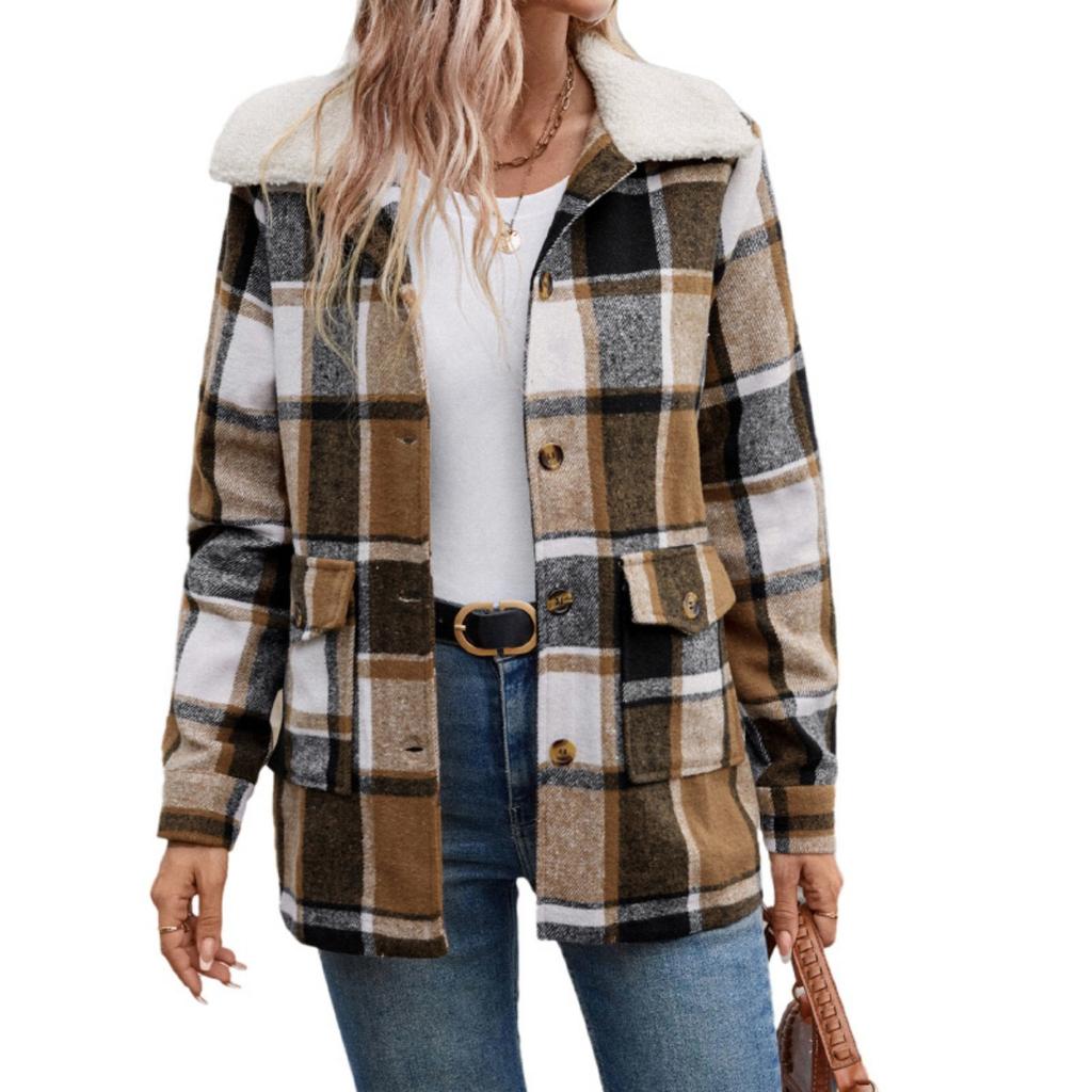 2025 Women's Autumn Winter Vintage Plaid Coat with Fleece Lined Collar - Cross-border Office Casual Versatile Outerwear for Europe America