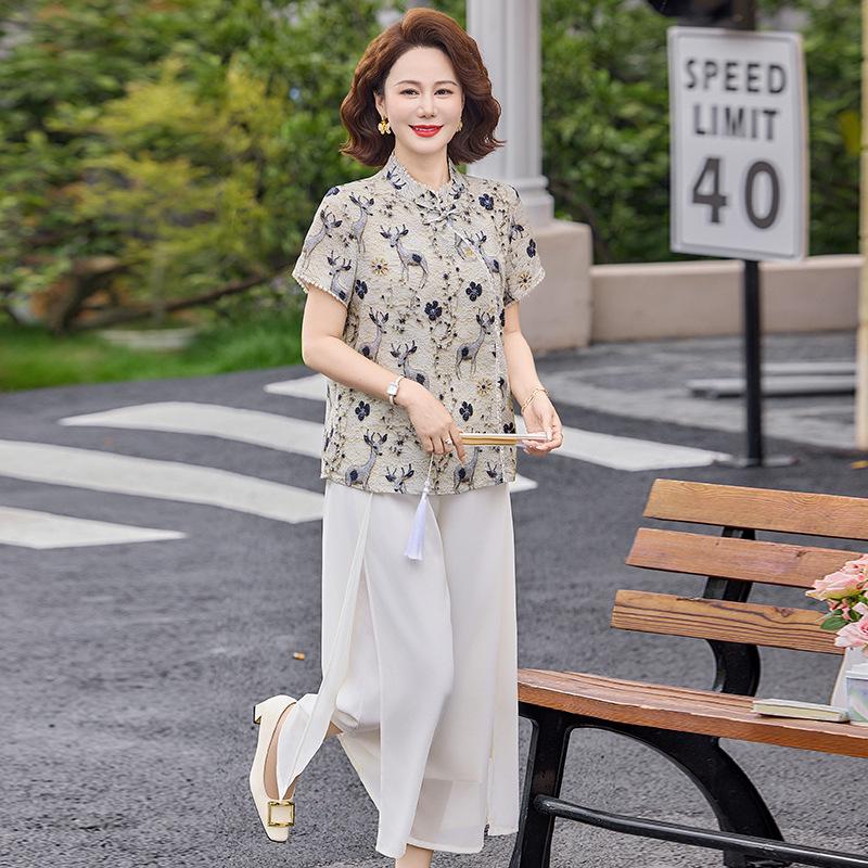 

Summer Mom Print Short Sleeve Suit: Fashionable Plus Size Two-Piece Set for Middle-Aged and Elderly Mothers. 2XL бежевий/сірий колір