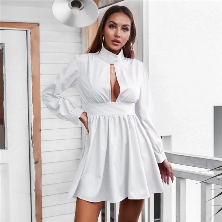 Women Summer A-Line Dress High Waist Slim Fit Stand Collar Above Knee Full Sleeve Solid Color Spring S-XL