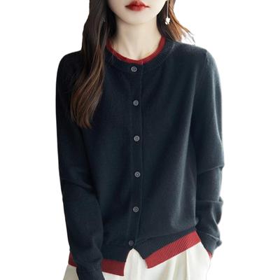 Niliv Crew Neck Long Two Color Matching Round Office All Season Size Women's Cardigan, Sleeve, Knit, Options, Lightweight, Neck, Wear, (Black, M)