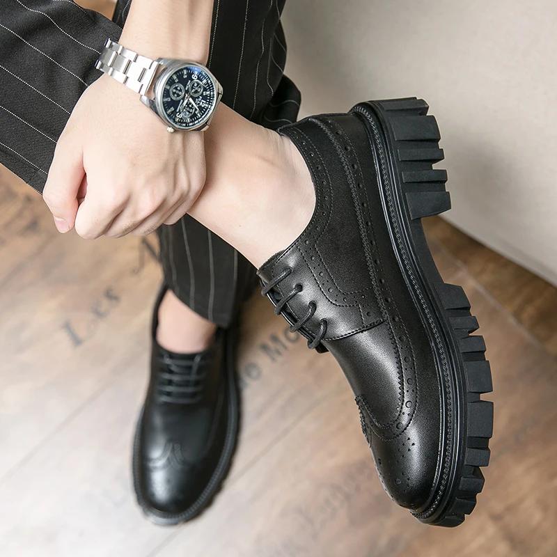 Fashion Spring Men Formal Business Thick Soled Lace-up Oxford Shoes Luxury Men's Dress Shoes Male Casual Leather Wedding Party Loafers