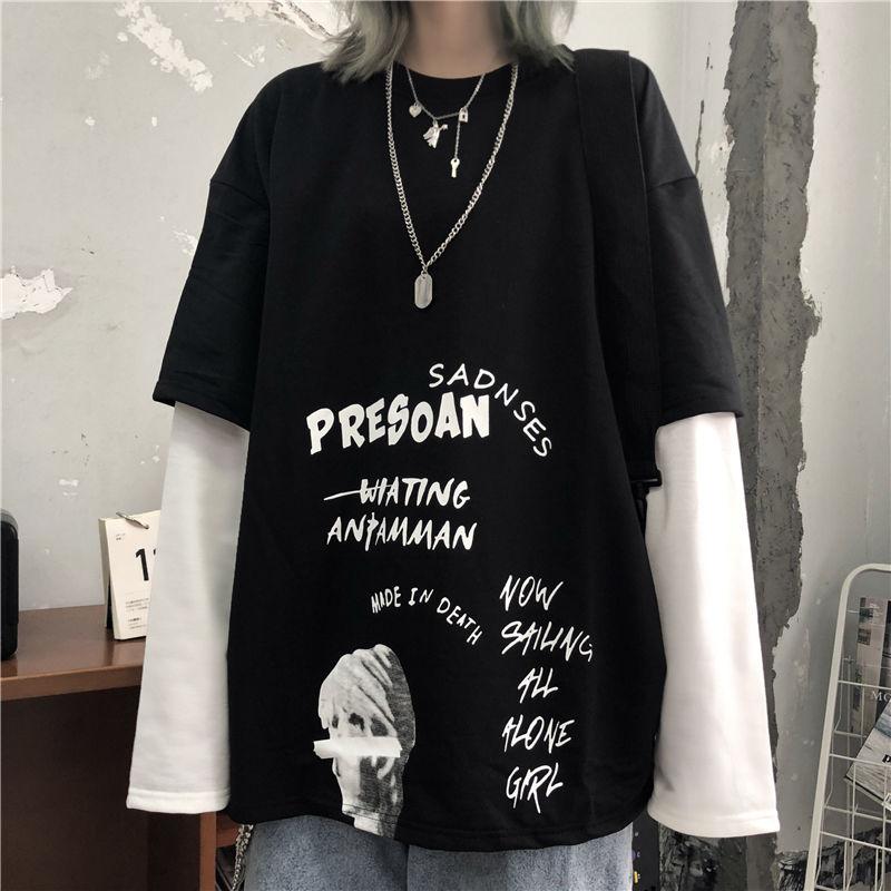 

Harajuku Vintage Long Sleeve T-Shirt Streetwear Fake Two-piece Women Осінь Корейська Мода Letter Печворк Футболка Kpop Clothes XXL чорний
