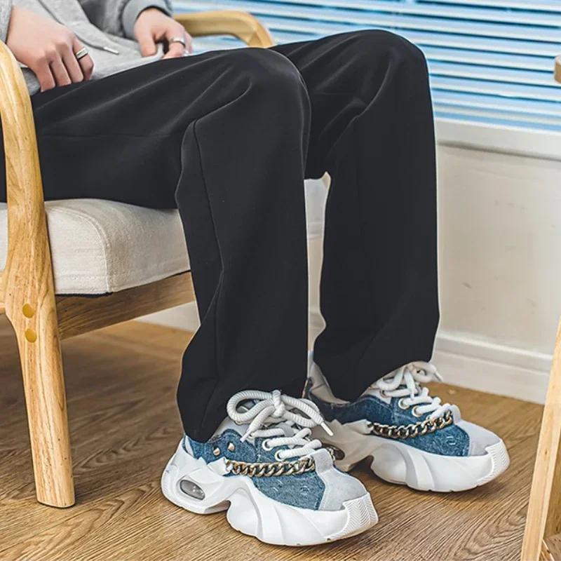 Men's Shoes 2024 Autumn New Trendy Thick Soled Height Increasing Shoes Wear-resistant Metal Chain Tie Comfort Rivet Sneakers