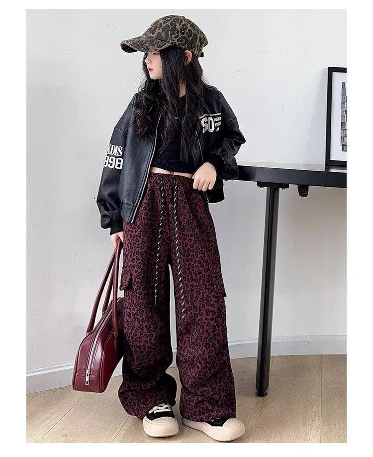 2025 Spring/Autumn Girls' Leopard Print Cargo Pants - Trendy Loose Wide-Leg Street Dance Style for Kids