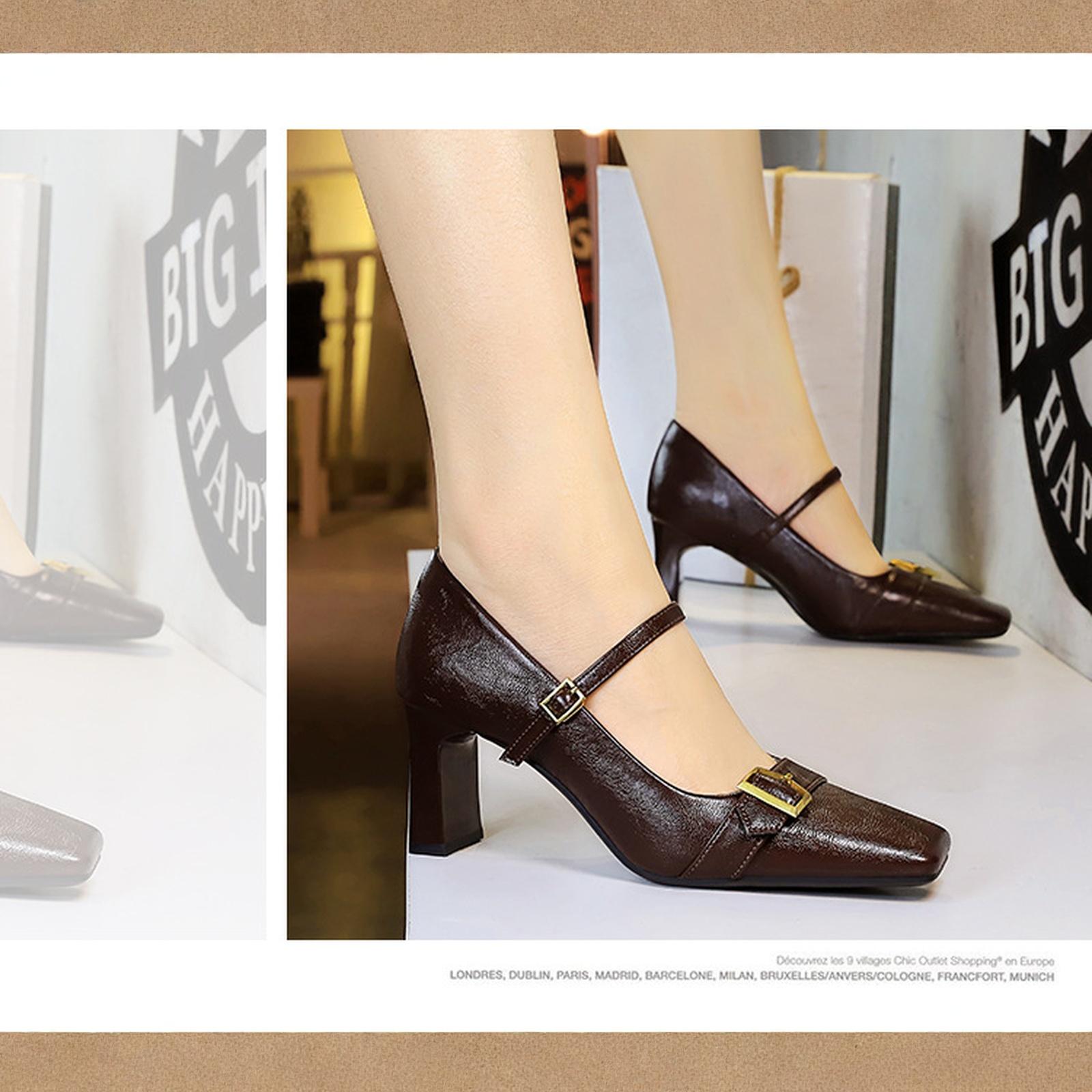 

Women s Square Toe Strap Metal Buckle Block Heel Pumps 38 коричневий