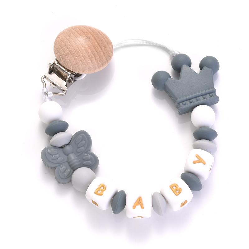 Round Wood Baby Dummy Holder Clip Crown Butterfly Silicone Beaded Teether Custom English Letter Name Pacifier Chain Nursing Toy