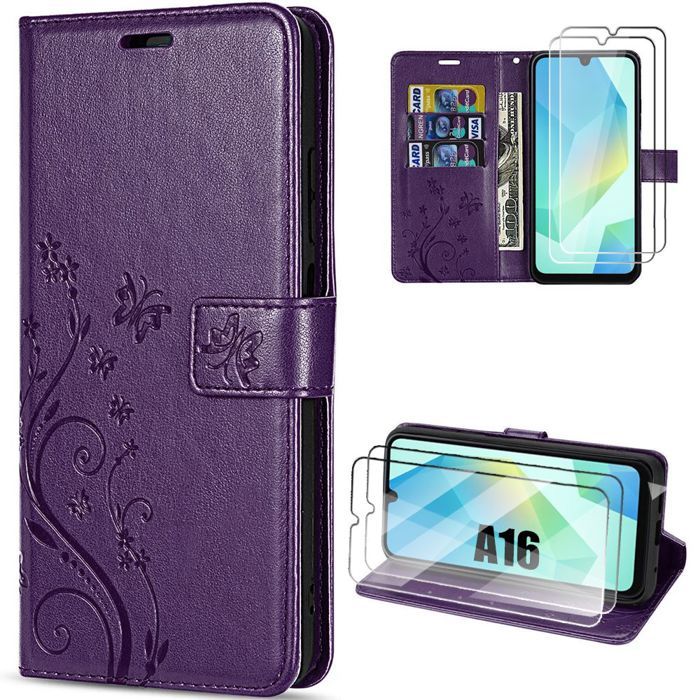 Case for Samsung Galaxy A16 4G/5G - BOOLING - PU Leather Artistic Floral Relief Dark Purple - 2 Tempered Glasses