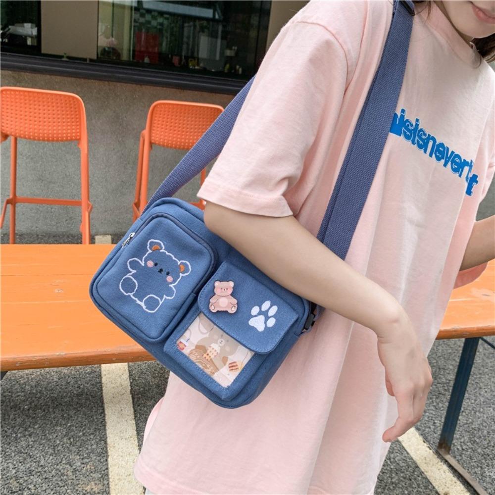 Embroidery Bear Canvas Shoulder Bag Solid Color Shoulder Bag Cute Transparent Itabag  Gift