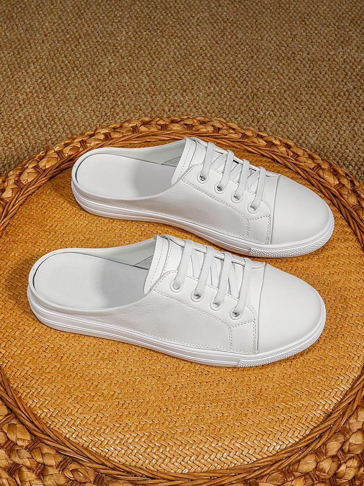 First Layer Cowhide Women`s Open-Toe Half-Slippers: