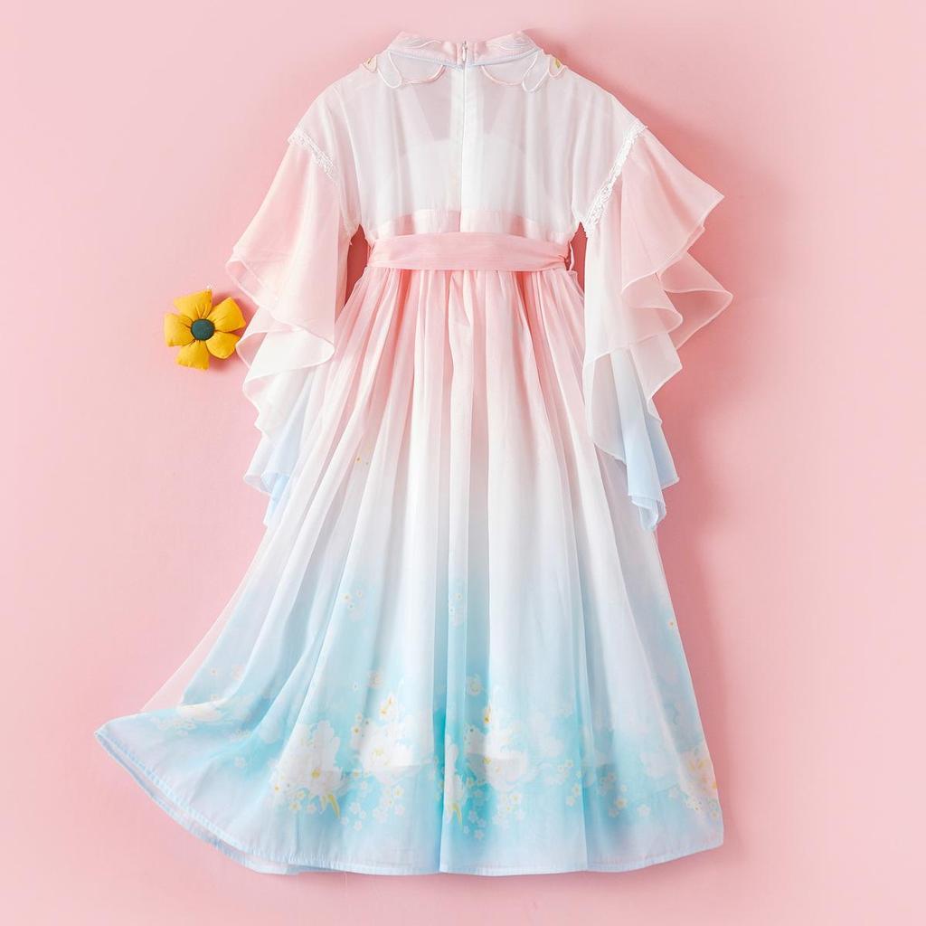 Girls' Long Sleeve Hanfu Performance Dress with Mesh Skirt - Summer Style