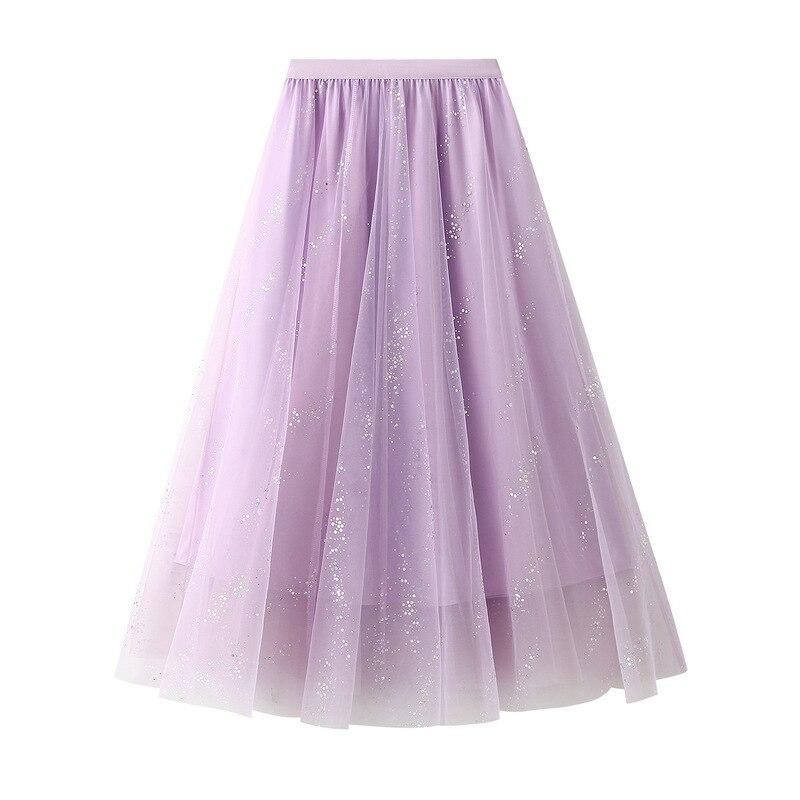 Qooth Women Shiny Fairy Tulle Gauze Skirt Elegant Sweet Elastic Waist Midi Mesh Skirt Ankle Length QT2201
