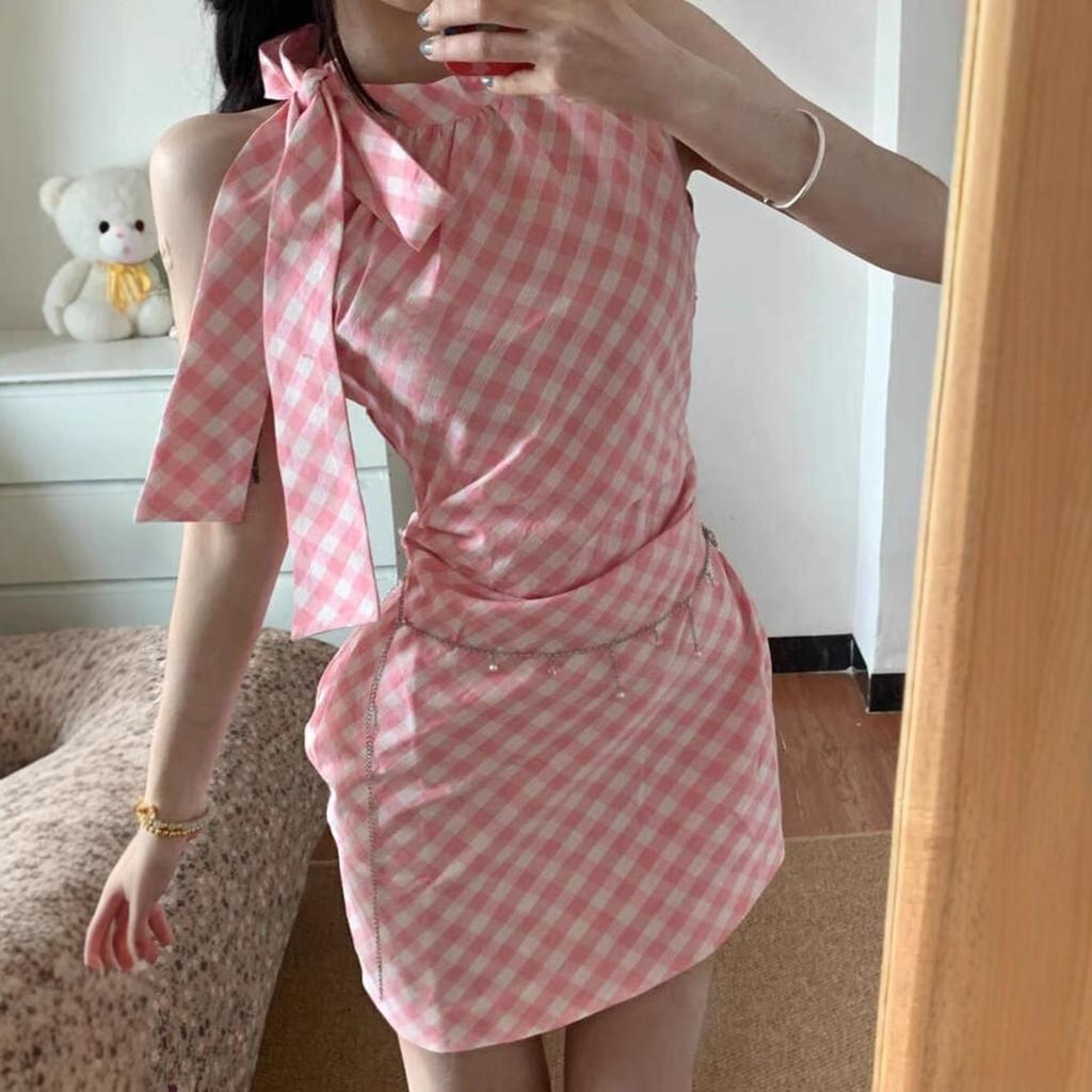 Pink plaid bow neck dress women's summer new irregular slim and thin sexy hip skirt