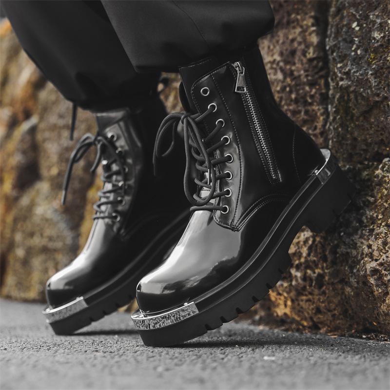 Mens Fashion Stage Nightclub Dress High Motorcycle Boots Black Trendy Patent Leather Shoes Cowboy Platform Boot Knight Botas Man