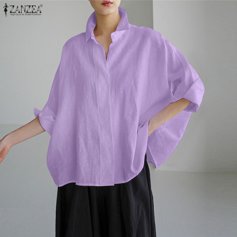 ZANZEA Women Casual Loose Lapel Collar 3/4 Batwing Sleeve Buttons Up Blouse