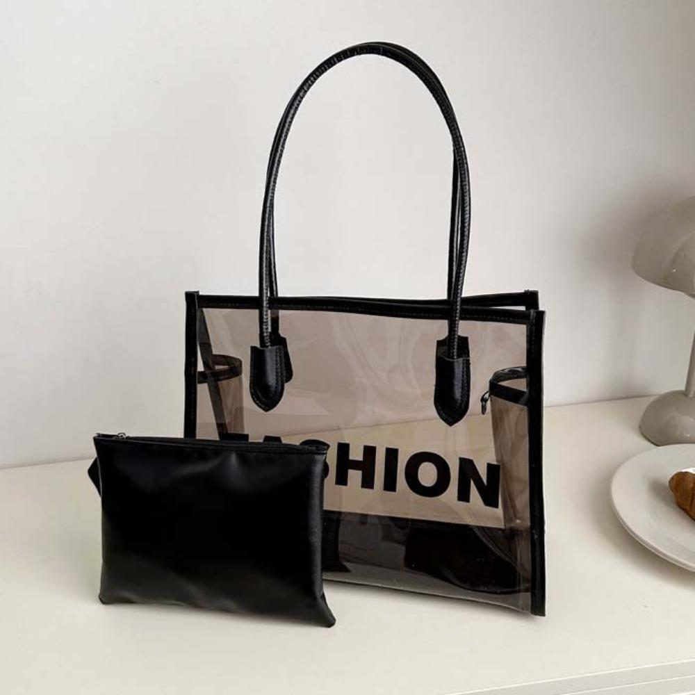 

2 шт./компл. Большая вместимость Прозрачная ПВХ Сумка-тоут из ПУ кожи ПВХ Композитные сумки-тоут Женские чёрный