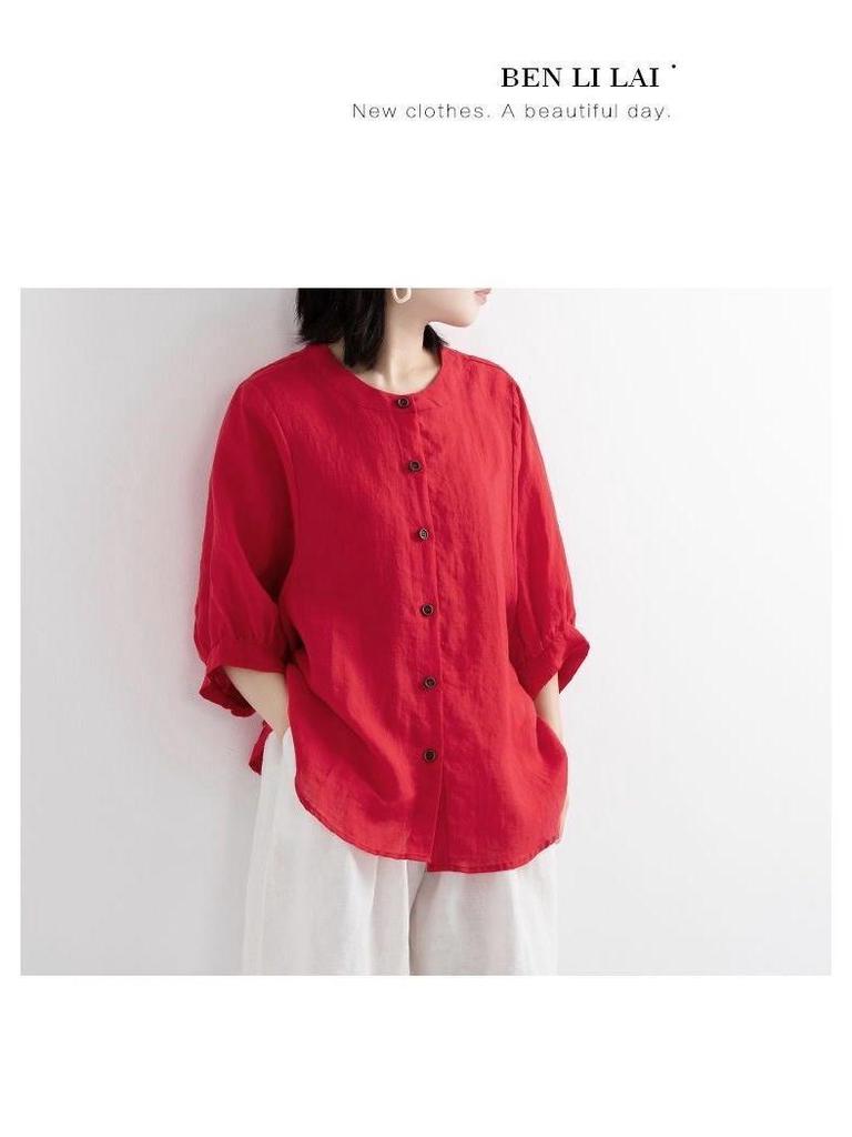 Women's Retro Cotton Linen Lantern Sleeve Blouse: Summer Mid-Sleeve, Loose Fit, Plus Size