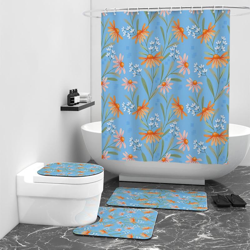 Flower and Grass Texture Digital Printing Shower Curtain Bathroom Blocking Waterproof Curtain