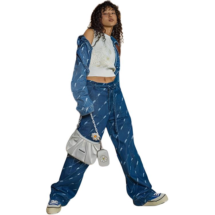 Li Ning Logo All Over Print Single Button Washable Denim Jacket Women Jacket Blue AJDT060-1
