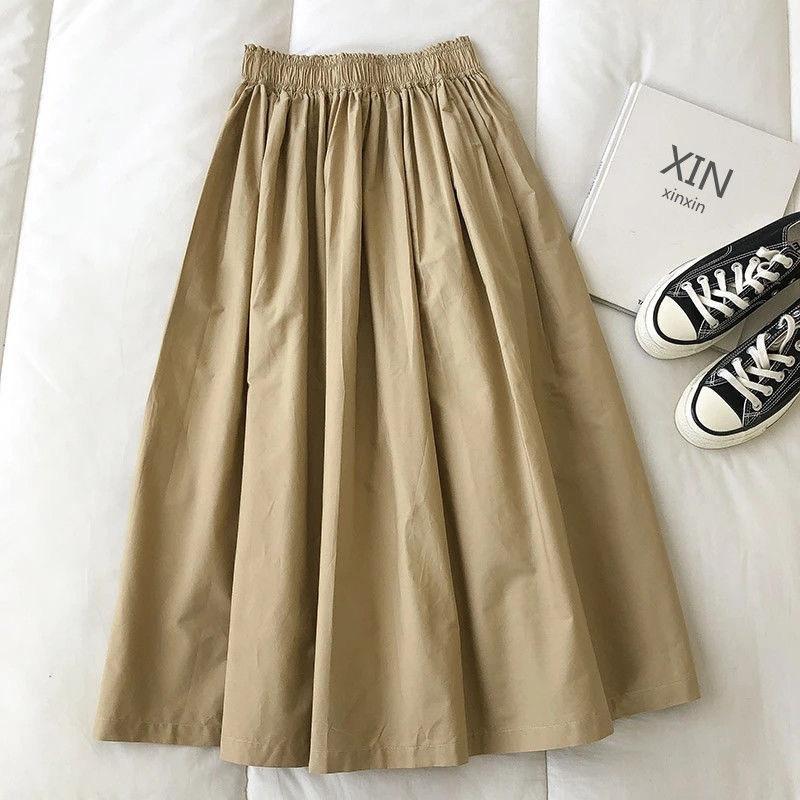 Women s White Long Skirt High Waist A Line Knee Length Fashion Pockets Pleated Casual Elegant Skirts Autumn S хаки