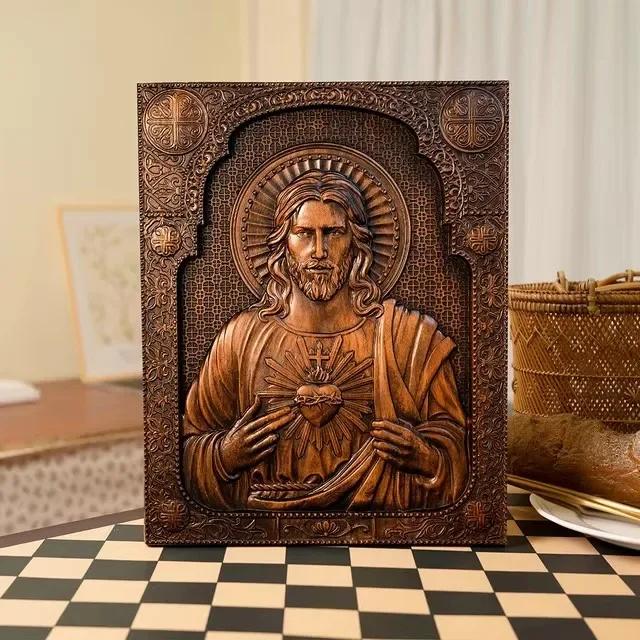 

Vintage Religious Wooden Plaque Sacred Heart of Jesus Catholic Jesus Statue, Wall Hanging, Church Room, Home Decor 25cm