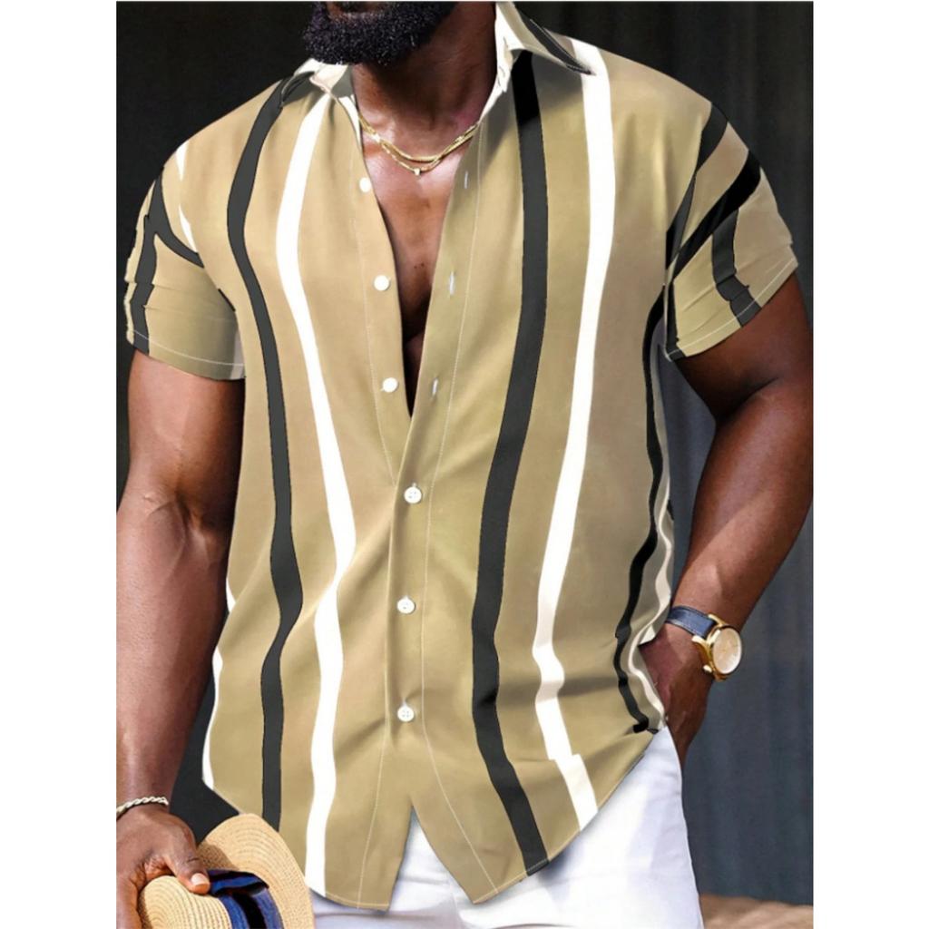 Men's Hawaiian Shirt 3D Stripe Print Short Sleeve Summer Loose Casual Large Size Simple Fashion Lapel Button Men's Tops