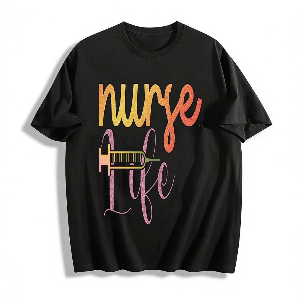 Glitter Print Nurse Life Themed Casual Tee For Healthcare Workers Pure cotton T-shirt XXS