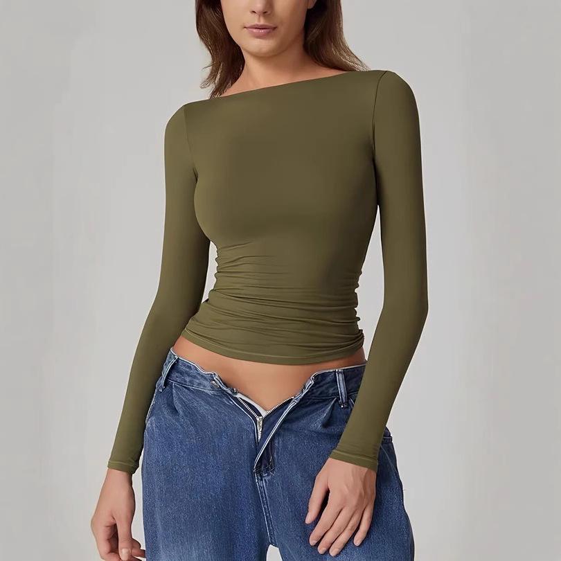 European & American Style Backless Long-Sleeve Slim Fit Tops - Sexy, Stylish Autumn Round Neck T-Shirts for Women