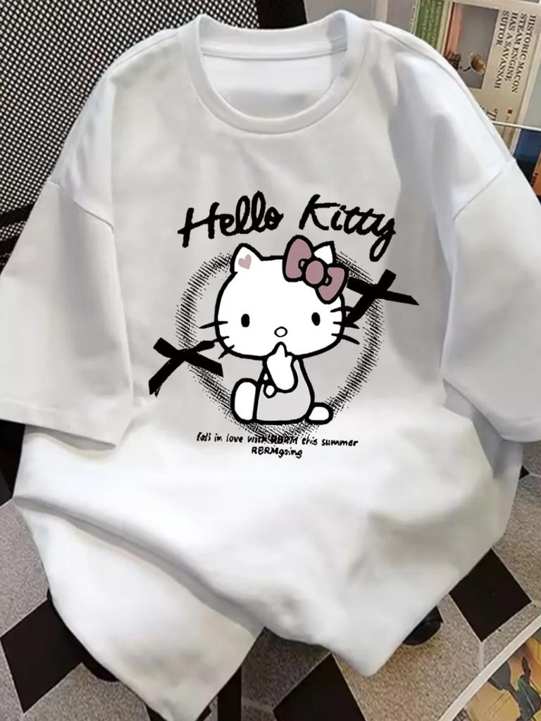 Miniso Hello Kitty and letter-printed short-sleeved men's casual T-shirt loose top