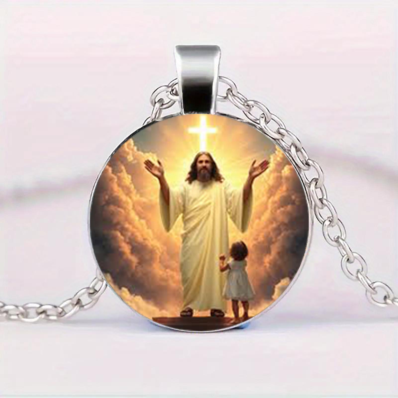 

Christian Jesus Glass Pendant Necklace, Featuring A Vintage Cross And An Image Of Jesus And The Infant Christ, Suitable For Everyday Wear.