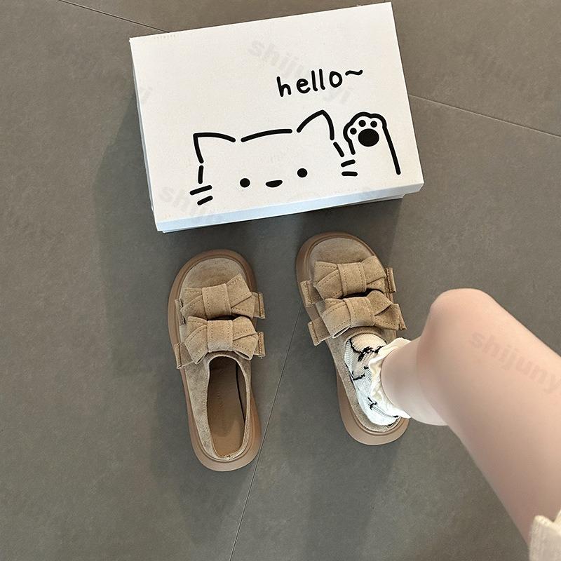 Fashion Elegant Bow Design Casual Thick Sole Half Slippers for Women 2025 Autumn New Versatile Comfortable Fashion Solid Chunky Draggers