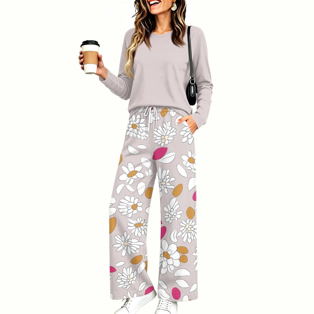 Women's Casual Printed Long Sleeve Pajama Set with Round Neck Loose Fit and Pockets