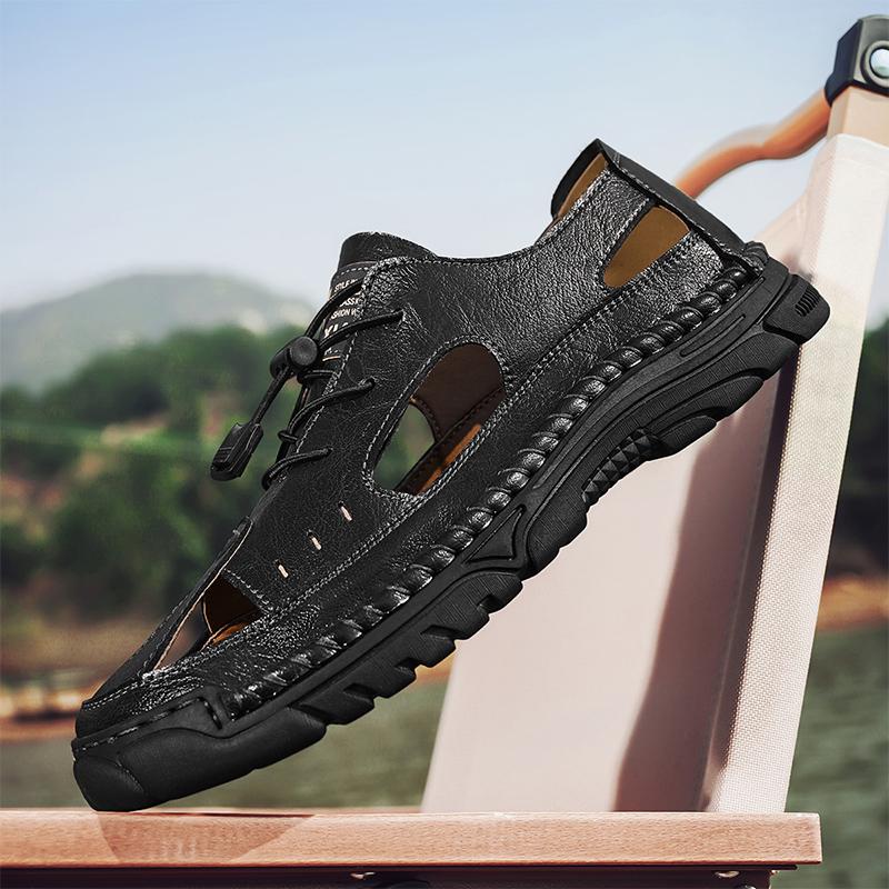 Fashion Summer Outdoor  Comfort Men Sandals Breathable Leisure Beach Vacation Men Hollow Out Shoes Quality Split Leather The Men Sandals