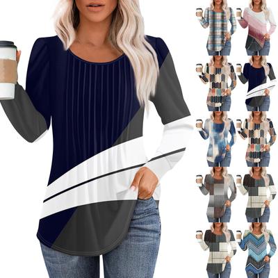 Damska Moda Casual Plisowany Okrągły Dekolt Wzór w Kratę Długi Rękaw T-shirt Top