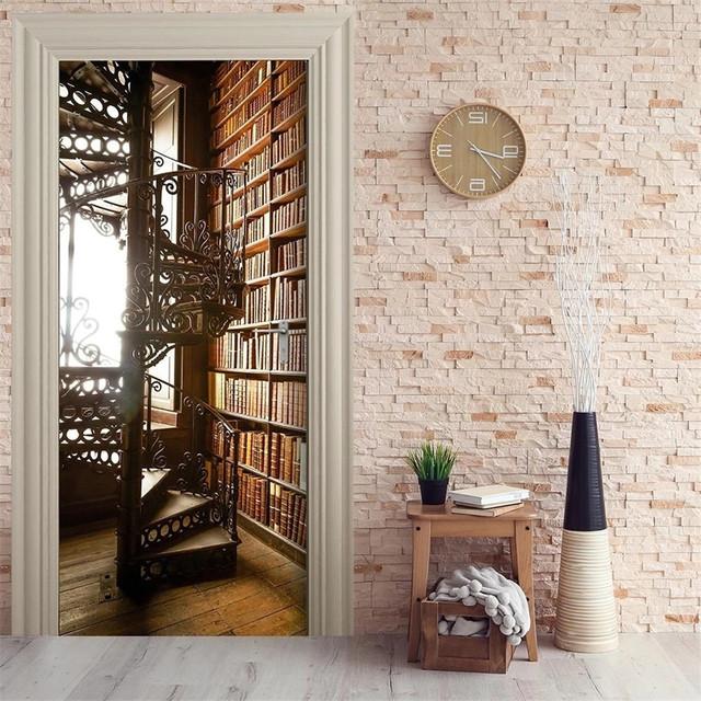 Retro Library Adhesive Door Wallpaper Waterproof Home Decor Living Room Mural Decal Sticker Wooden Cabinet Poster Wine
