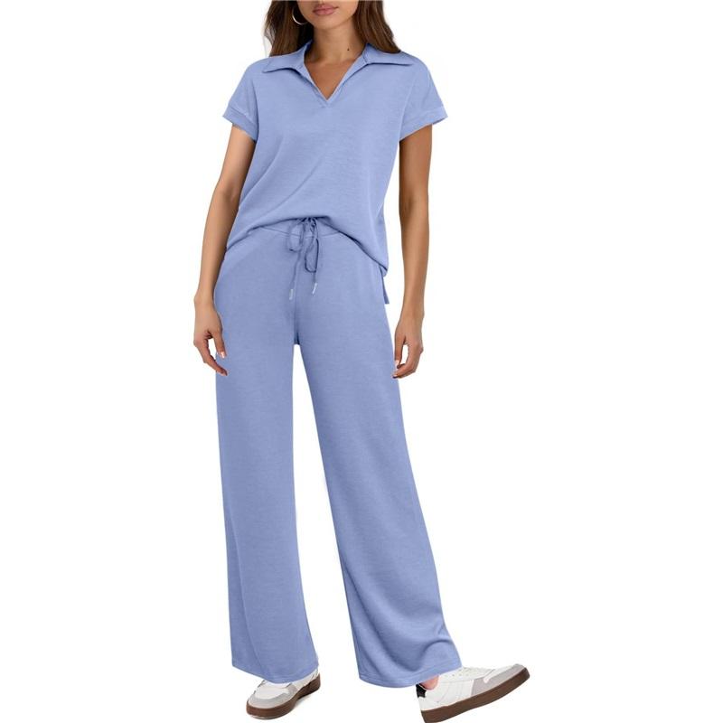 

Женские комплекты летние футболка с короткими рукавами и лацканами, брюки на завязках, комплект из 2 предметов XXXL небесно-голубой