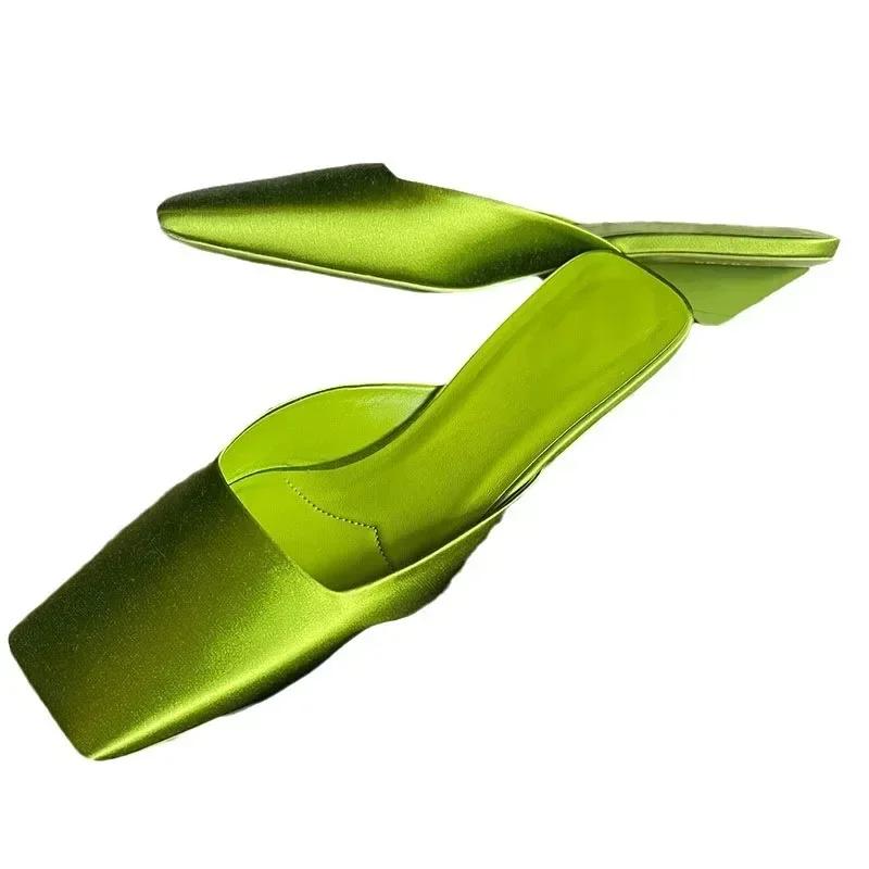Fashion Elegant Green Satin Designer Slippers Women 2025 Summer Fashion Low Heel Square Toe Mules Loafers Luxury Comfort Slide Sandals