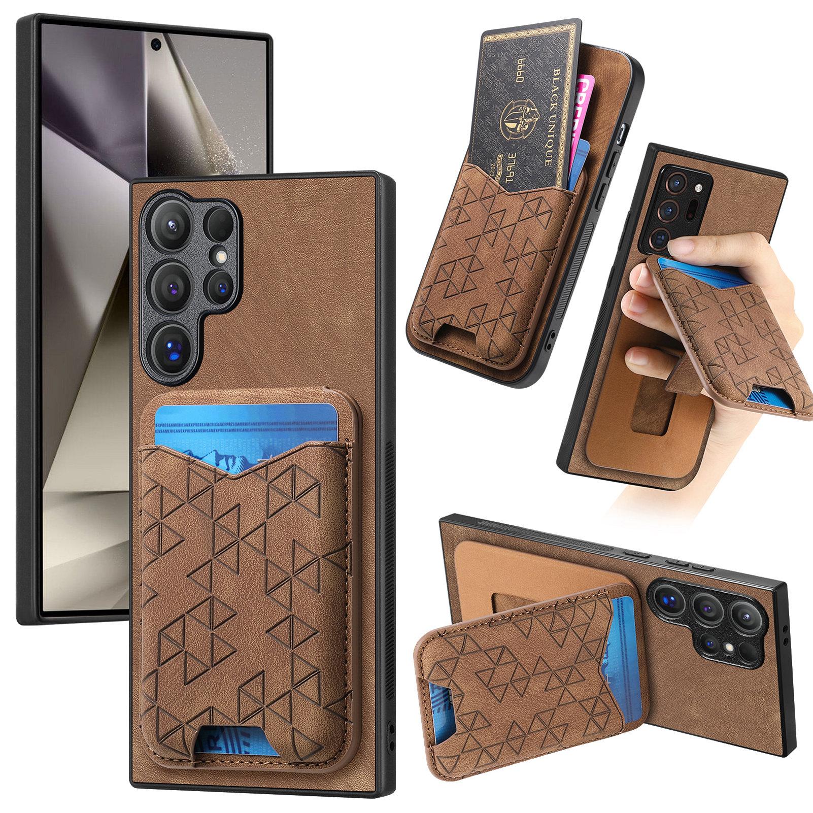 

For Samsung Galaxy S25 Ultra Case Imprinted Pattern Card Holder Kickstand Leather Back Cover Brown