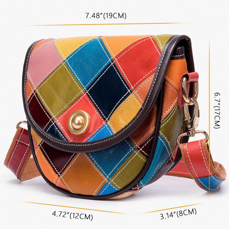 Johnature Genuine Leather Color Splicing Women Bag Vintage Soft Cowhide Versatile Plaid Shoulder & Crossbody Bags