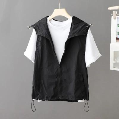 Women's Summer Solid Color Simple Sleeveless Sun Protection Vest Outdoor LooseThin Hooded Sports Jacket