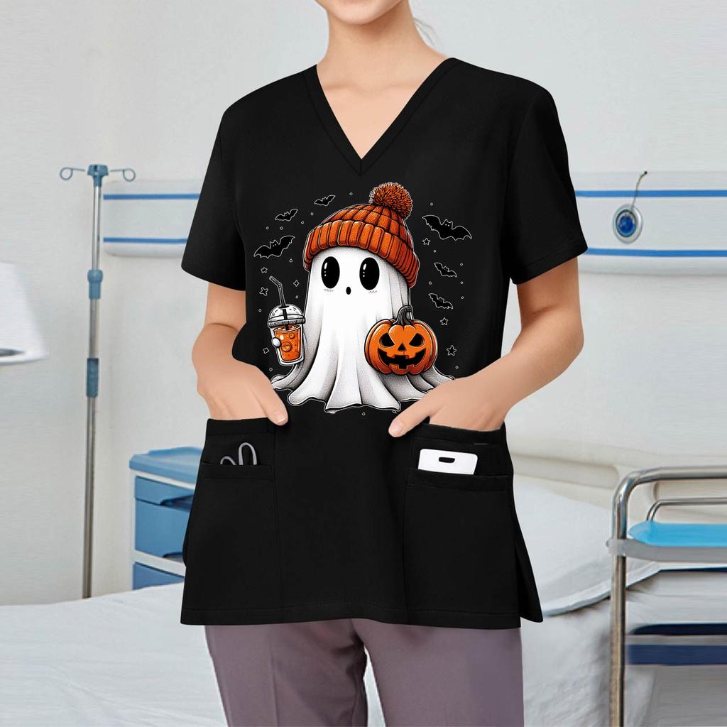 Damen V-Ausschnitt Halloween Bedruckt Kurzarm Taschen Seitenschlitz Schutzanzug Oberteil