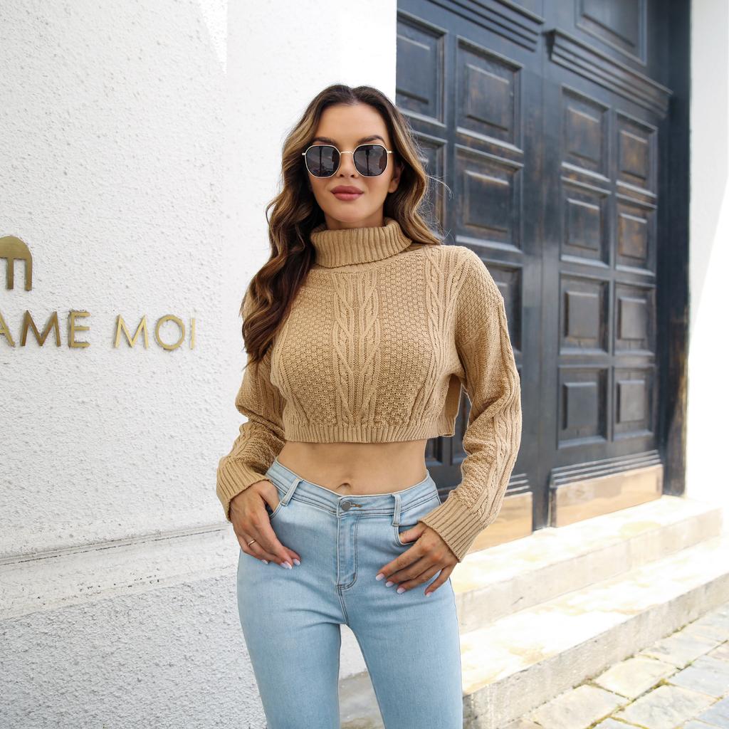 QICED Moda dame ocazional imprimeu culoare solidă toamnă iarnă cu mânecă lungă cu gât înalt pulovere largi